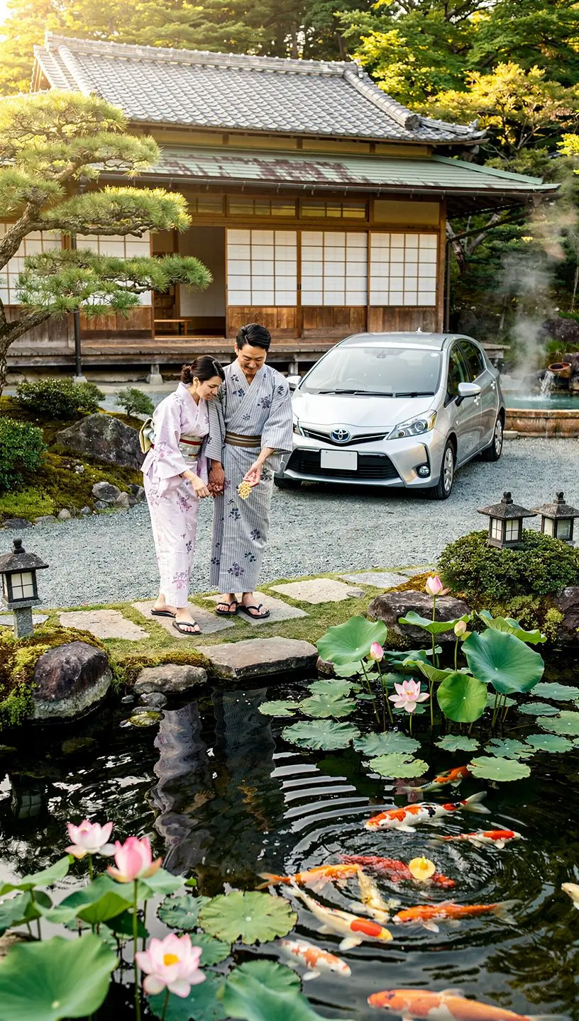 A compact rental car parked beside a tranquil lake with reflections of surrounding mountains.