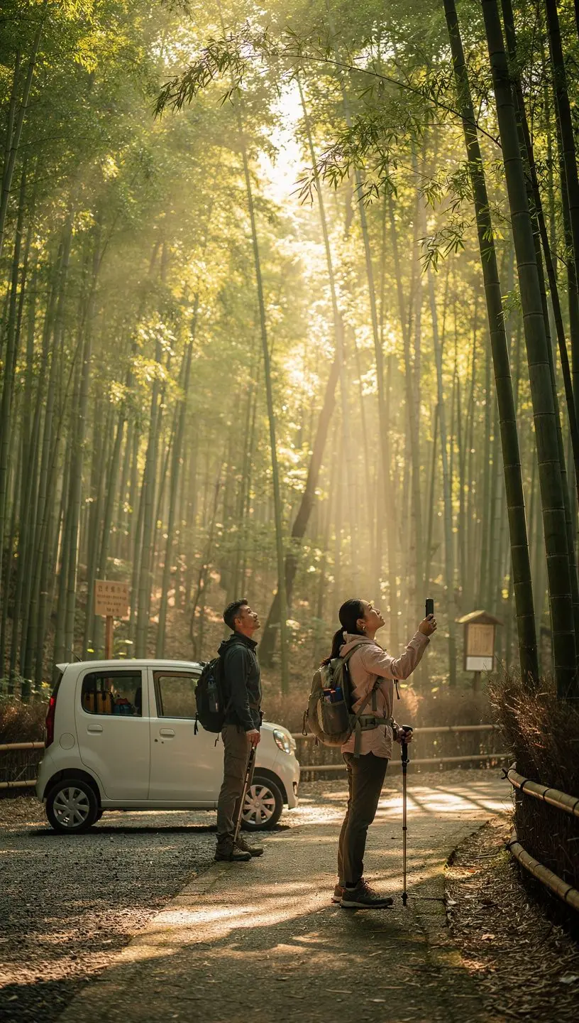 Tourists enjoying a picnic under a canopy of colorful autumn leaves in a Japanese park.